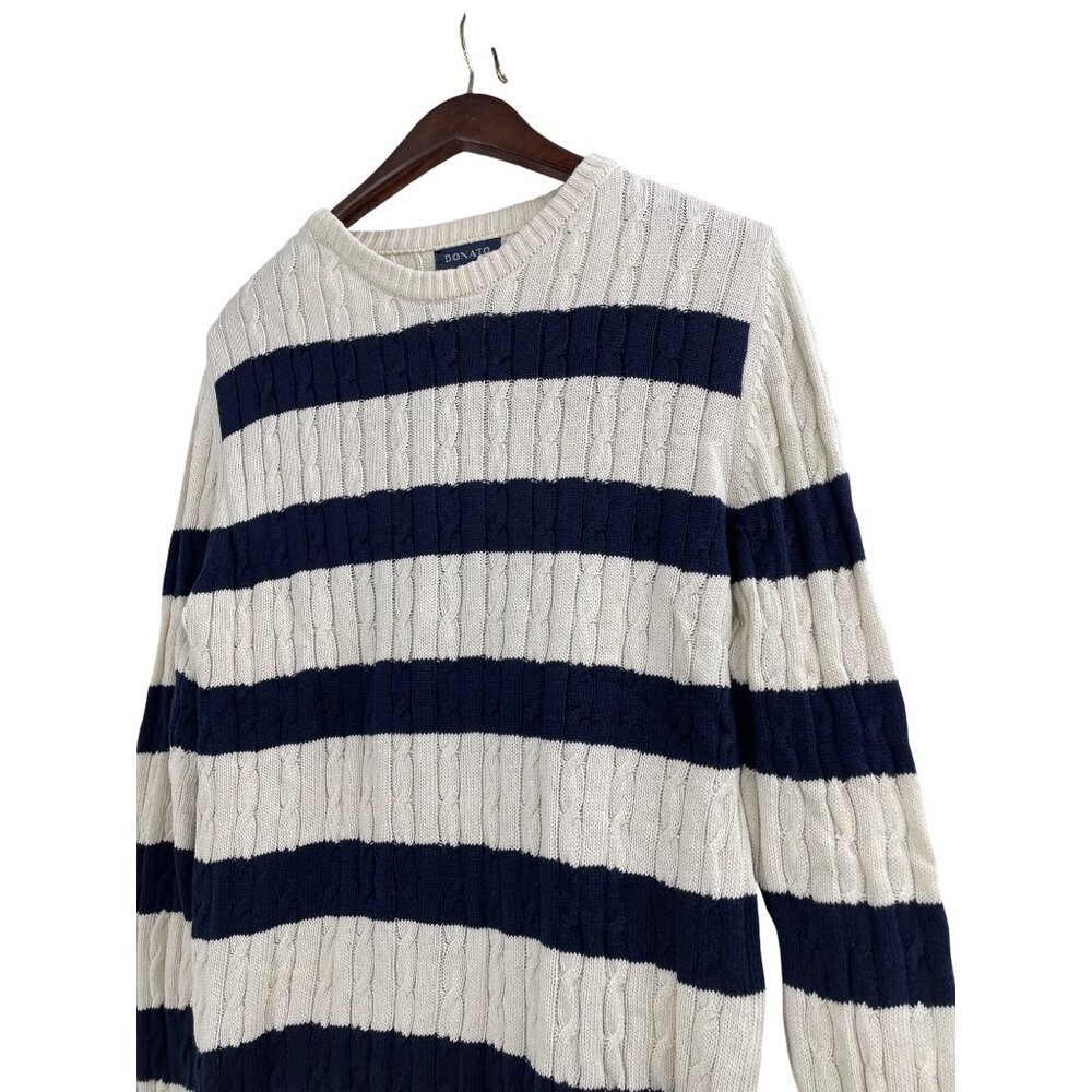 Donato Mens Large Cable Knit Cotton Sweater Striped Navy Cream Crewneck Nautical - Picture 6 of 8